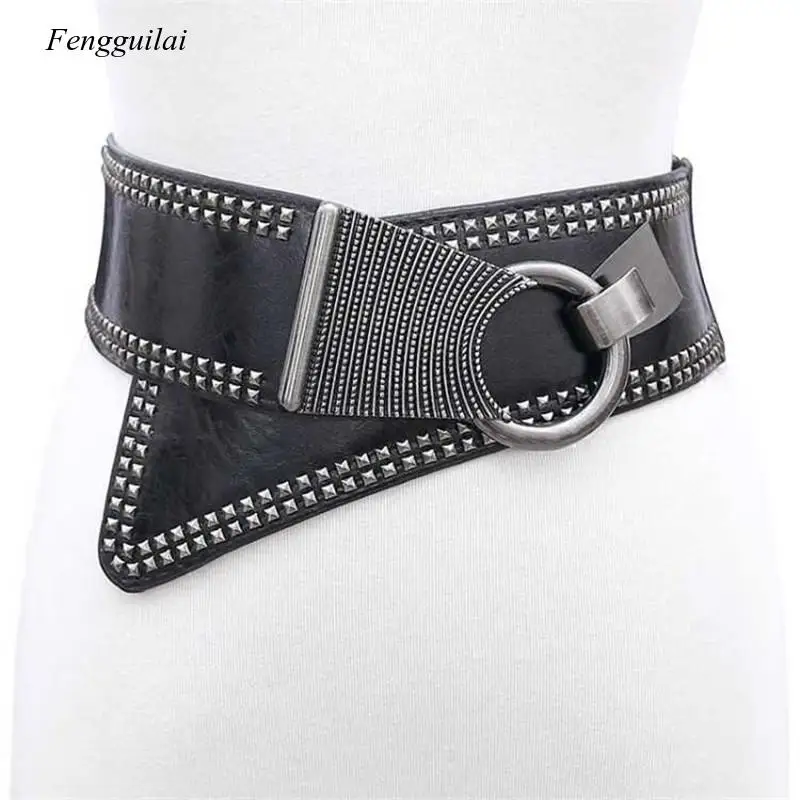 New Black Leather Cummerbunds Female Woman Belt Studded Wide Women's Punk Rivet Stretchy Dress Waistbands Lady