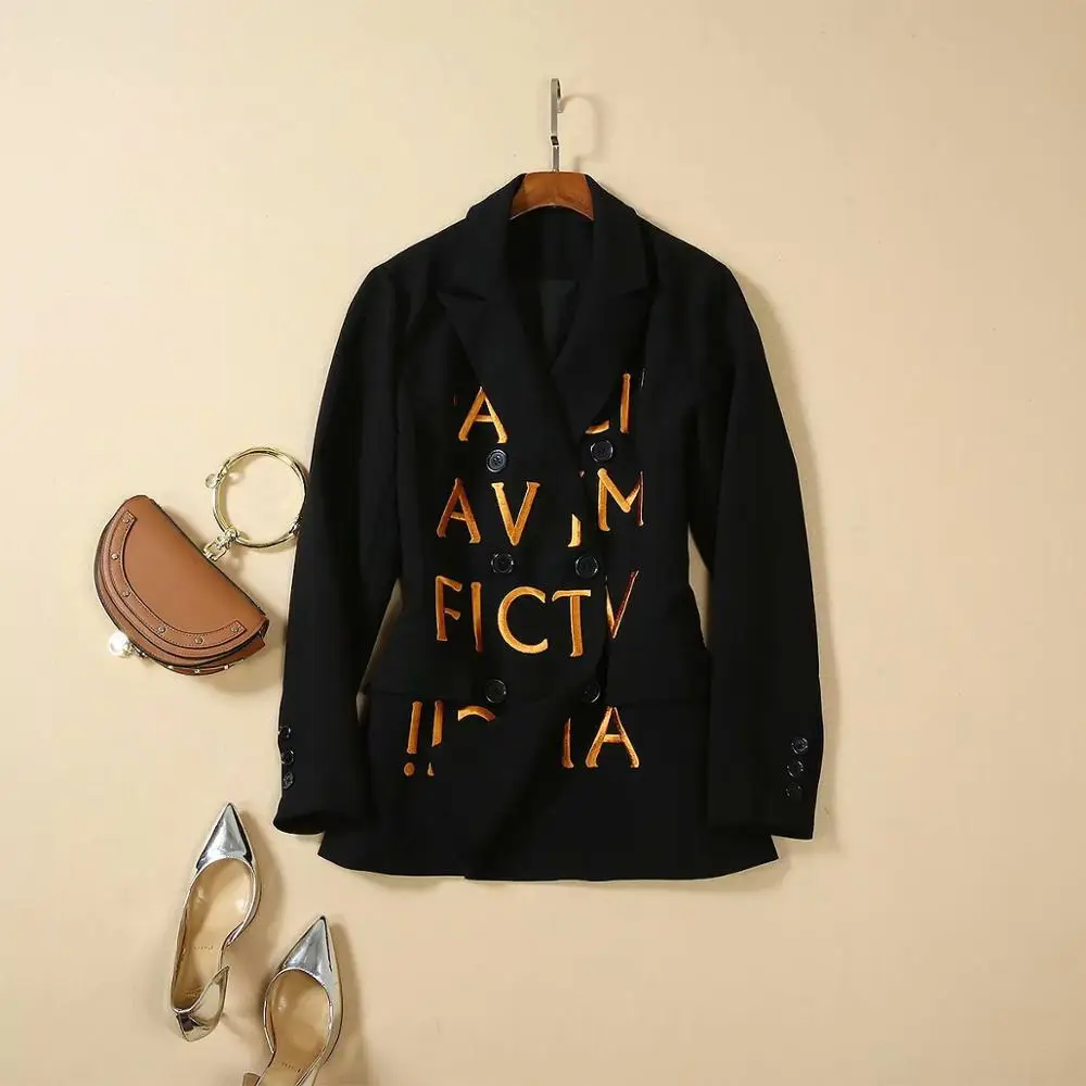 Осень Новая Европейская и американская женская одежда двубортное пальто с длинными рукавами и вышивкой с буквами