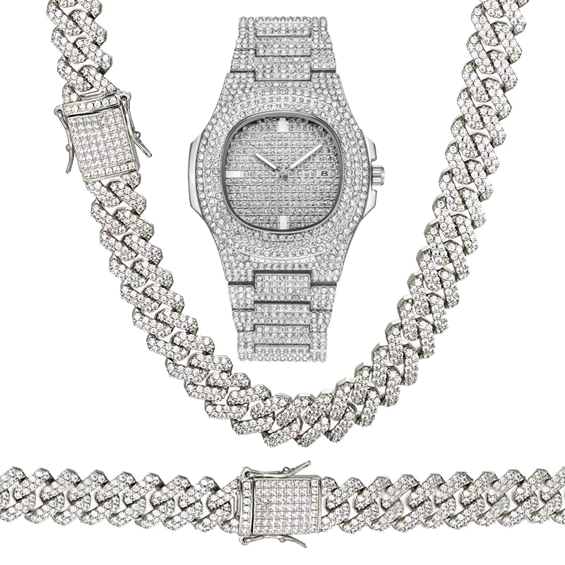 

Hip Hop Iced Techno Pave Watch & 8" 16" 18" 20" 24" Cuban Stone Chain Bracelet Necklace Set