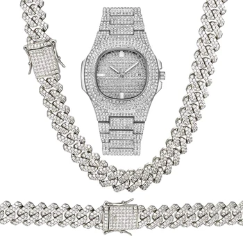 

Hip Hop Iced Techno Pave Watch & 8" 16" 18" 20" 24" Cuban Stone Chain Bracelet Necklace Set