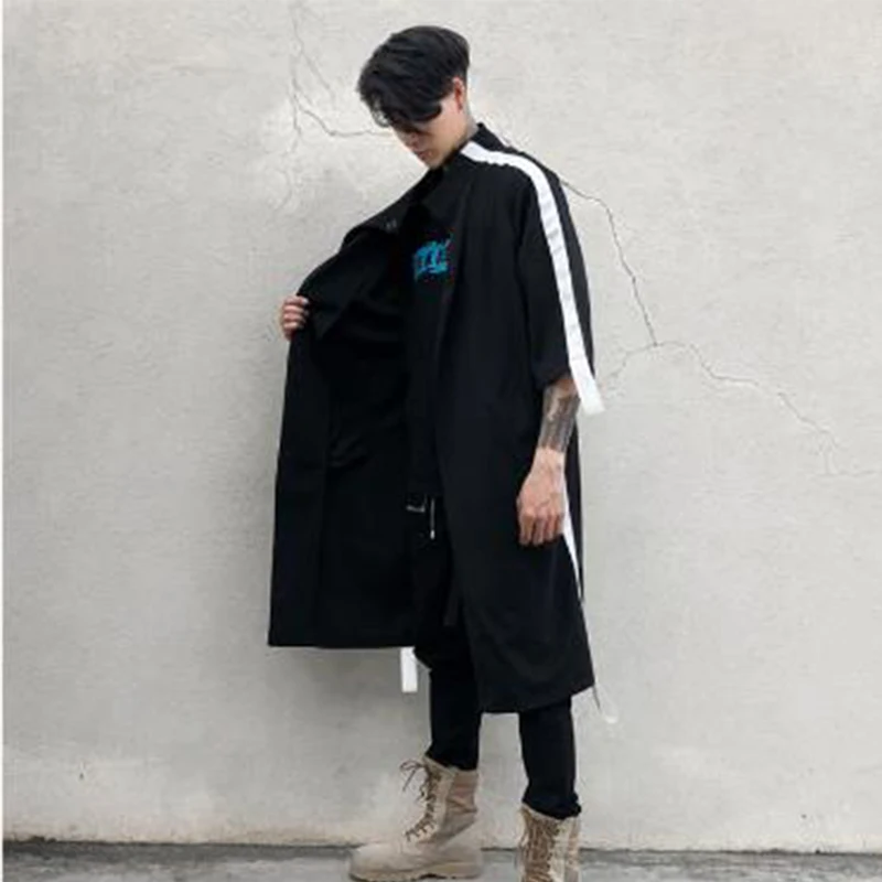 

Night club DJ singer punk hiphop long shirt ribbon patchwork street style jacket cape men harajuku casual long cardigan cloak