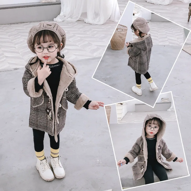 

2019 Winter Fur Hooded Jacket Girls Fall And Winter Clothes Western Style yang jiao kou Plaid Coat