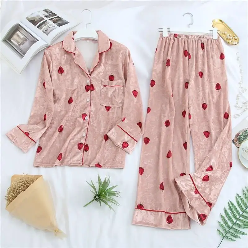 

White/Pink Print Simple Sleepwear Women Single Breasted Pajama Suits Turn-Down Collar Gold Velvet Thin Loungewear