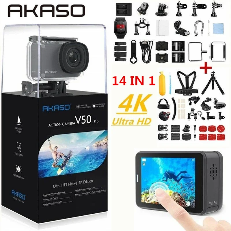 AKASO V50 Pro нативная 4 K/30fps 20MP WiFi Экшн-камера 4K с сенсорным экраном EIS регулируемый угол обзора 30 м Водонепроницаемая камера