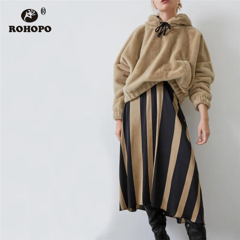 

ROHOPO Hooded Fleece Fake Leather Black Khaki Jacket Drawstring Hat Elasticity Hem Side Welted Pockets Wool Pullover Coat #9673
