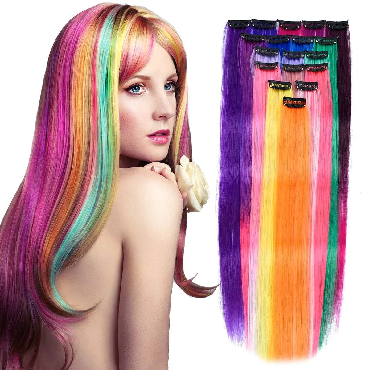 Pastel Cheveux Arc En Ciel Caché Extensions capillaires synthétiques en Kanekalon, mèches arc en ciel sur  épingles à cheveux, faux cheveux ombrés longs, lisses/bouclés | AliExpress