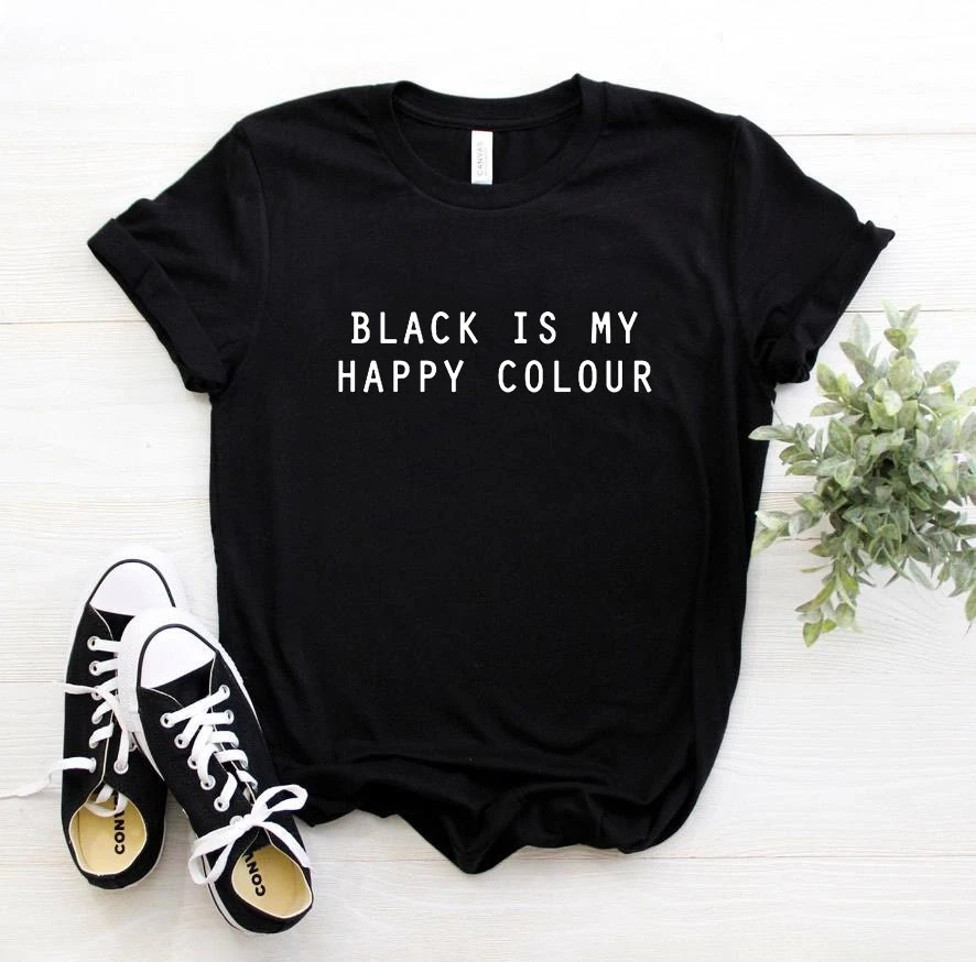 Camiseta con estampado de de color negro "Is My Happy" para mujer, Camiseta holgada manga corta con cuello redondo, camiseta informal para mujer|Camisetas| - AliExpress