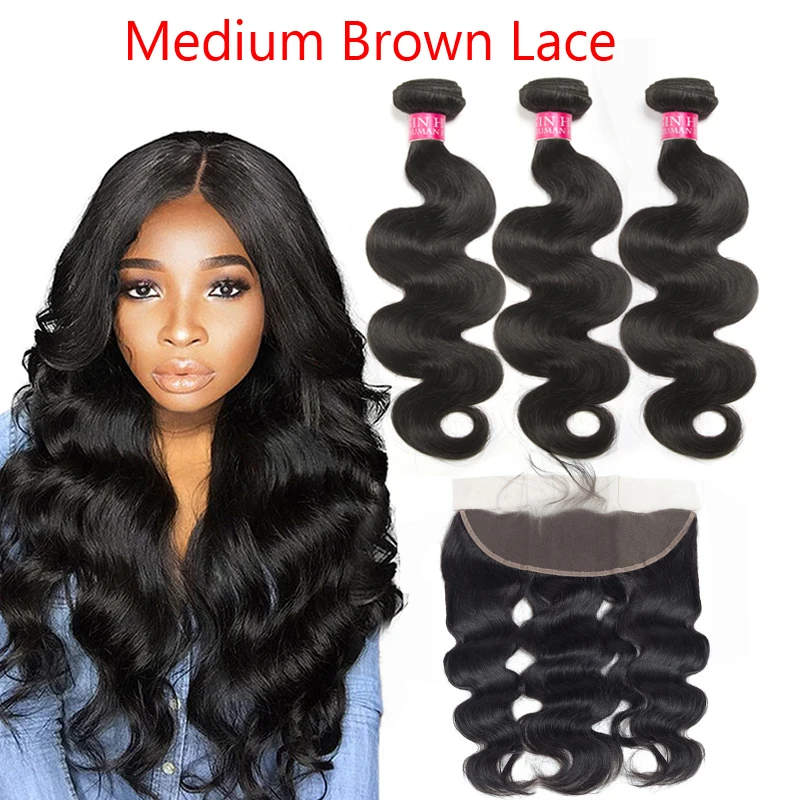 Объемные волнистые пряди, бразильские человеческие волосы, 28, 30 дюймов, пряди с прозрачным hd фронтальным кружевом, не Реми - Цвет: Medium Brown Lace
