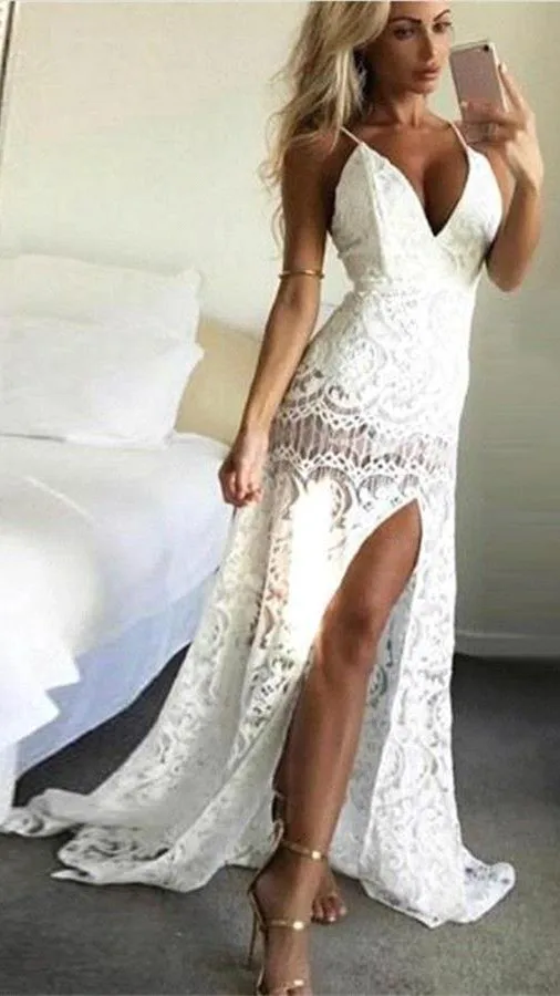 Белый Vestidos Largos Fiest сексуальное длинное вечернее платье с глубоким v-образным вырезом простые белые кружева русалка вечернее платье с иллюзией вечерние платья - Цвет: Белый