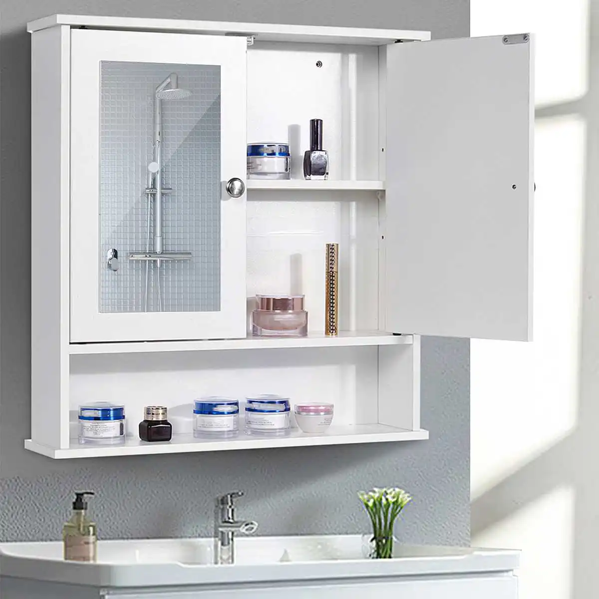 

58 x 56 x 13cm Bathroom Cabinet with Mirror Wall Mounted Bathroom Toilet Furniture Cabinet Cupboard Shelf Cosmetic Storager