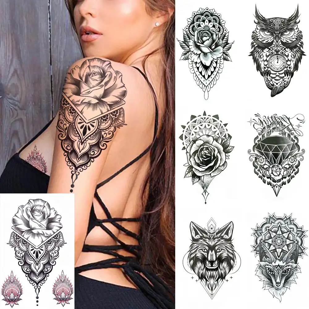 Lotus Temporary Tattoos For Women Black Laces Diamond Fake Jewelry Tattoo Mandala Henna Lion Rose Waterproof Tatoos Wolf Owl Arm Temporary Tattoos Aliexpress