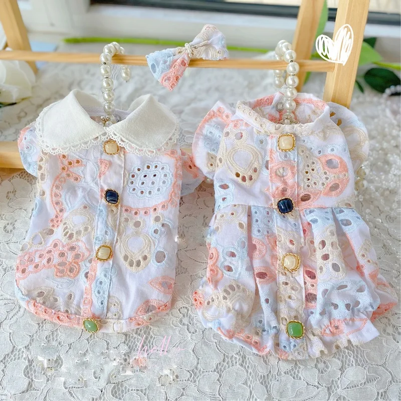 

Simple Design Handmade Adorable Dog Clothes Hollow Out Lace Cotton Doll Collar Pet Shirt Cute Outwear Day Dress Maltese Yorkie