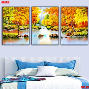 

3PCS Diy diamond painting Autumn trees river mosaic home decoration embroidery pattern Cross Stitch handmade rhinestone puzzle