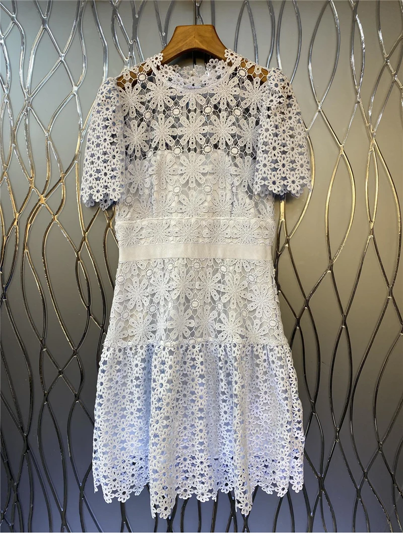 

Hollow Out Lace Embroidery Dress 2022 Spring Summer Sexy Party Ladies O-Neck Short Sleeve Slim Fit A-Line Blue Dress Club Girl