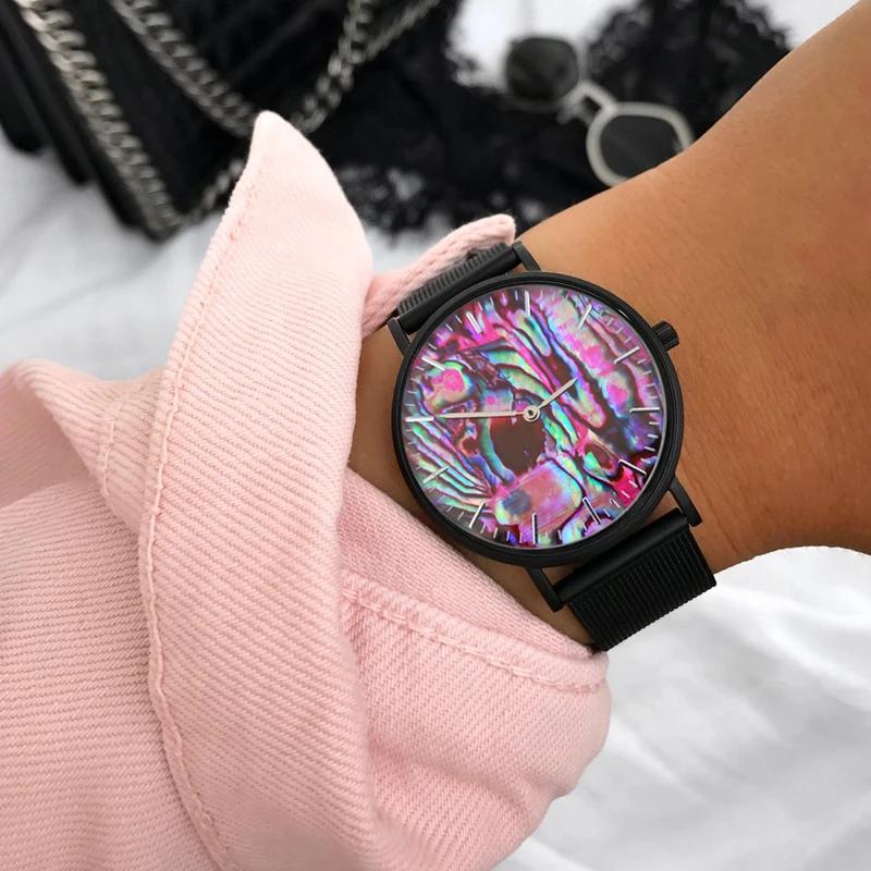 Relógio de Pulso com Malha de Aço Mavis Hare Coral Vermelho Real Abalone Escudo Inoxidável Pulseiras Preto Oceano Série Relógios