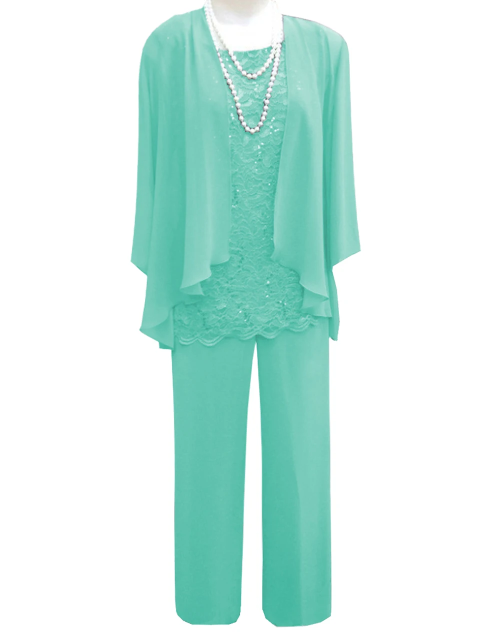 Turquoise Женский комплект из 3 предметов, кружевное шифоновое платье для матери невесты, брючный костюм с жакетом, наряд с рукавами 3/4 для свадьбы, жениха - Цвет: Turquoise