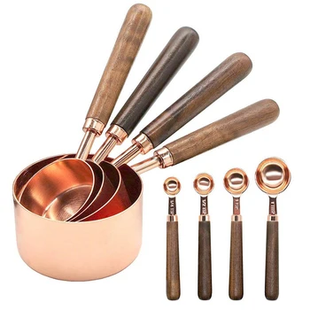 

4Pcs/Set Measuring Cups Spoon With Thicken Wooden Handle Copper Plating Baking Tool With Scale Rose Gold Thicken Kitchen Gadgets