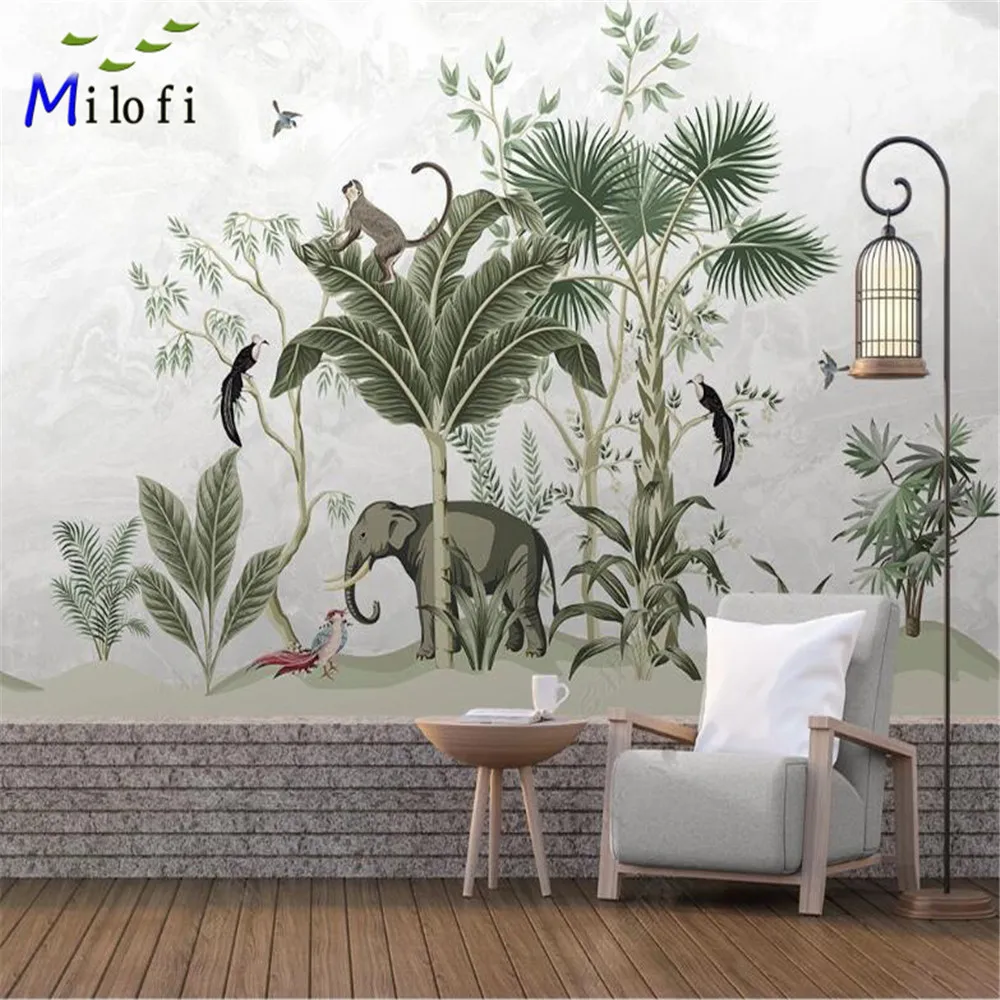 

Milofi custom vinyl children's wallpaper mural medieval hand-painted tropical leaves elephant bird TV sofa background wall