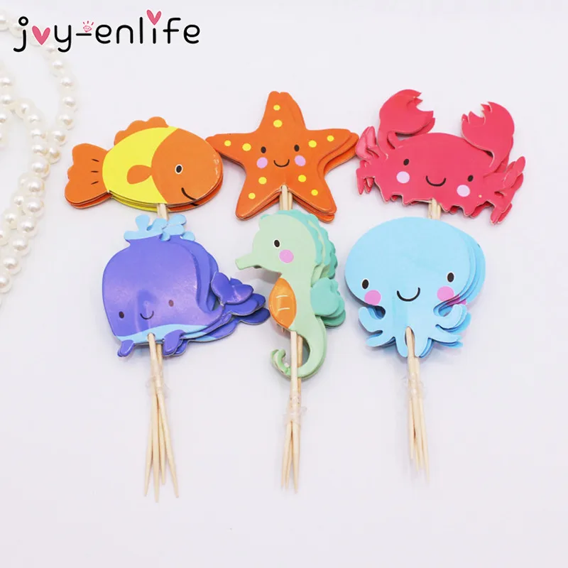 JOY-ENLIFE, 24 шт./лот, топперы для кексов в океане, Кит, гиппокамп, морская звезда, кексы для торта, детские украшения для дня рождения, вечерние принадлежности
