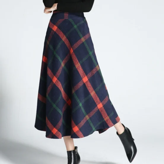 Эластичные юбки с высокой талией для женщин, модный дизайн, элегантные офисные женские зимние юбки, милые зеленые красные юбки в клетку, длинные, AQ671