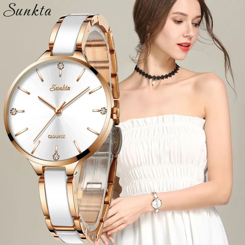 Sunkta Women Watch Ceramic Watch Women Simple Diamond Clock Casual Fashion Watch Sport Waterproof-4