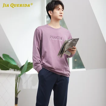 

Solid New Long Sleeve Long Pants Sleepwear Fashion Style Casual Style 100% Cotton Crew Neck Pajamas for Man Letter Printing