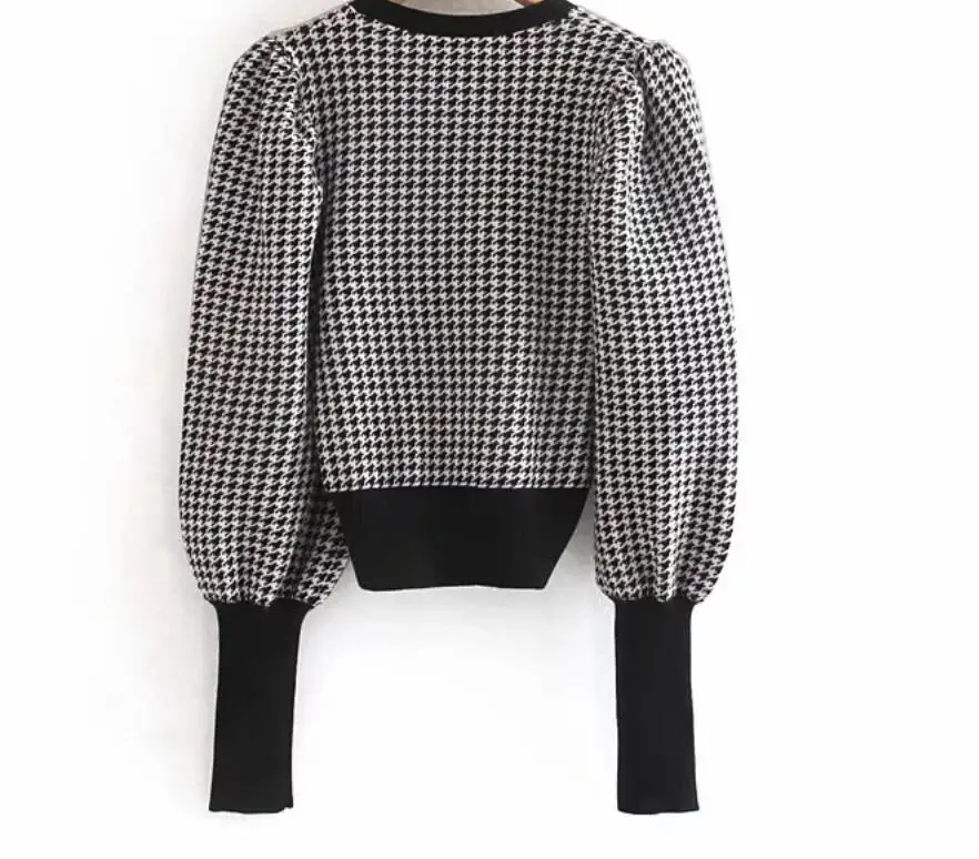 new women vintage houndstooth pattern puff sleeve casual sweater ladies basic o neck knitted pullover autumn chic tops plaid new women vintage houndstooth pattern puff sleeve casual sweater ladies basic o neck knitted pullover autumn chic tops plaid