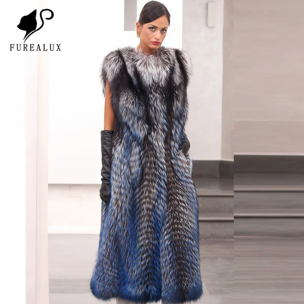 

120cm Luxury Lady Winter Full Pelt New Genuine Leather Vest High Quality Handmade Clothing Fox Fur Vest Long Style Customized