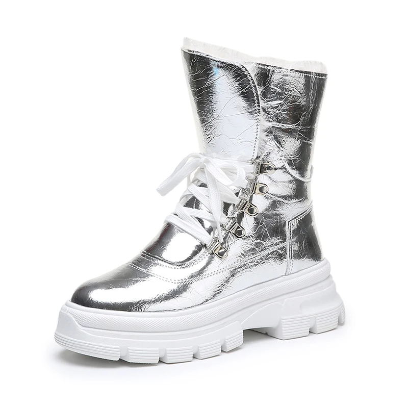Блестящие Серебристые зимние ботинки для женщин; Новинка года; модные кожаные ботинки на меху; женская обувь; черные ботильоны на платформе; теплые замшевые ботинки в стиле панк - Цвет: Silver
