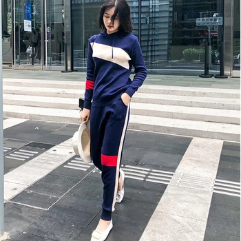 

New Fashion Autumn Spring Knitted Tracksuit Hooded Sweatshirts Women Suit Clothing 2 Piece Set Knit Pant Female Pants Suit