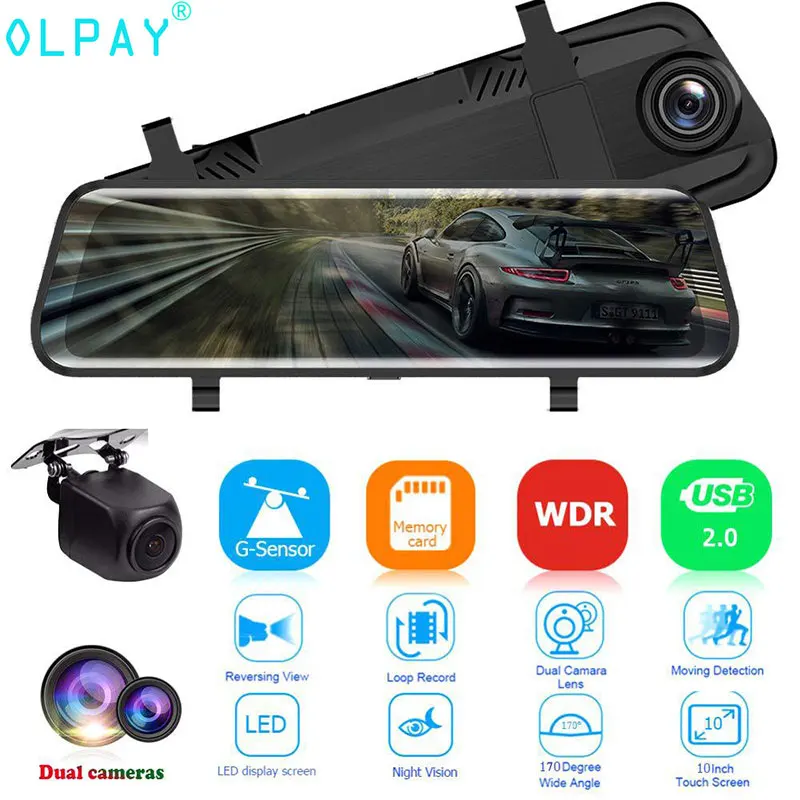 

OLPAY 10 inch DVR Touch screen Rear View Mirror Dash cam Full HD Car Camera 1080P Back Camera Dual lens video Recorder Dashcam