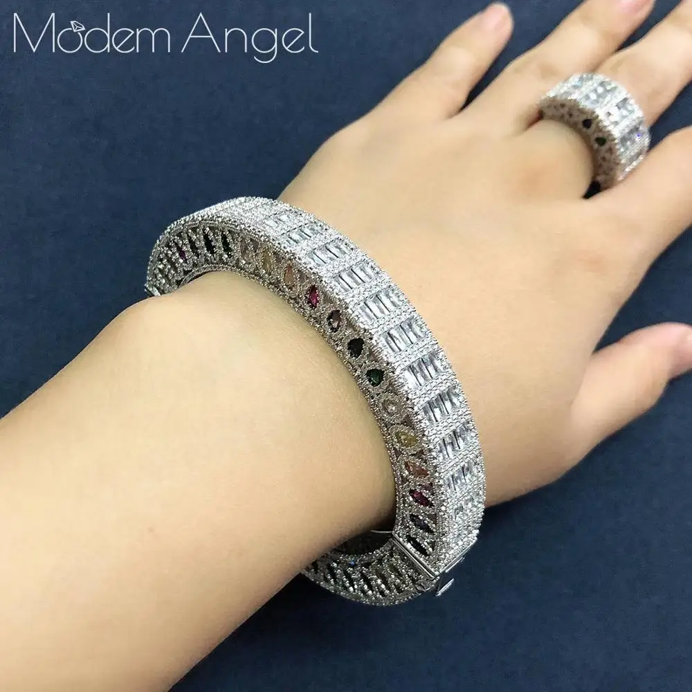 Посеребренный ModemAngel роскошный нежный Arabia браслет набор колец для женщин полный микро кубический циркон проложить Свадебные Саудовская Арабский Дубай ювелирные наборы - Окраска металла: Посеребренный