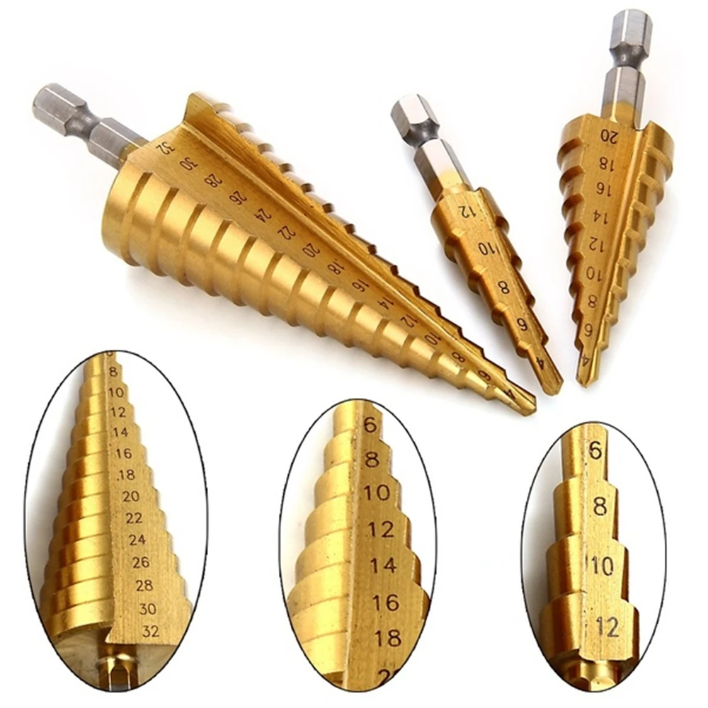 

4-12/4-20/4-32 High Speed Steel Drill Hexagonal Handle Step Drill HSS Steel Step Cone Drill Bit Tool Set Hole Cutter