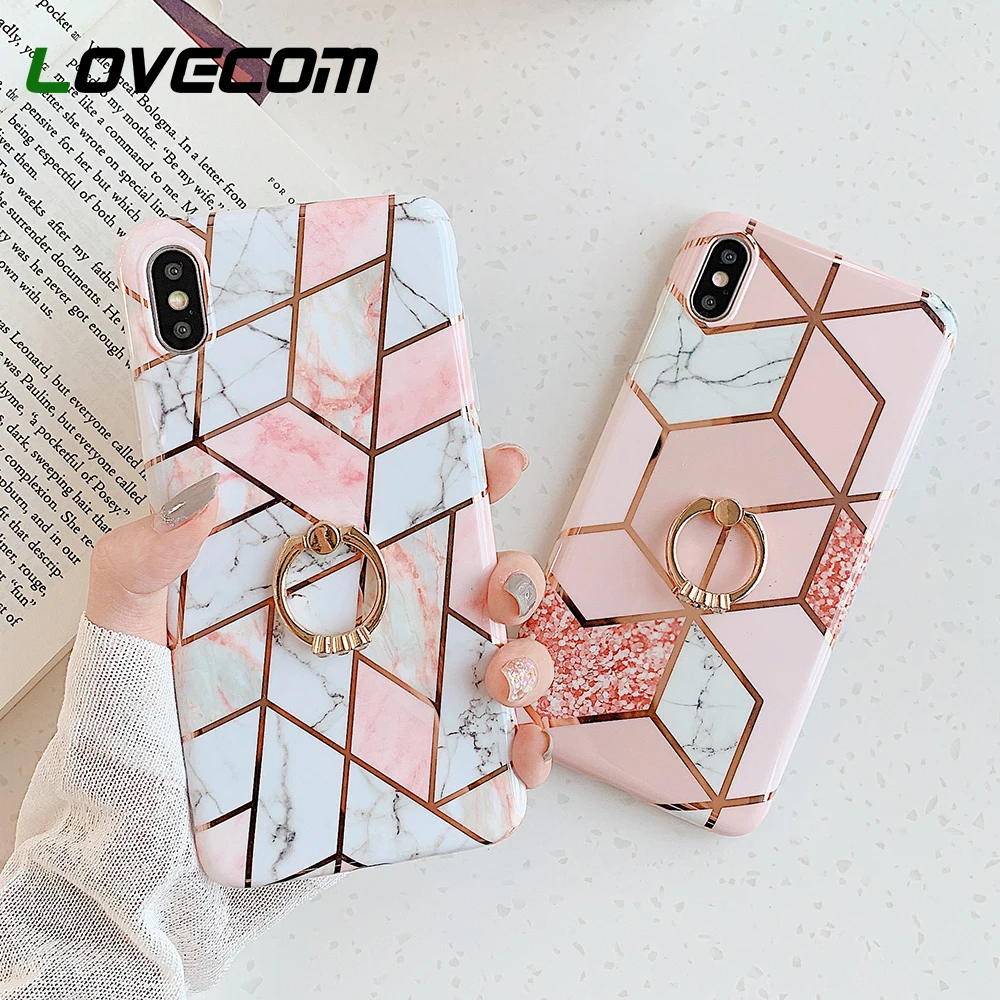 

LOVECOM Electroplated Marble Ring Holder Phone Case For iPhone 11 Pro Max XR XS Max X 7 8 6 Plus Case Soft IMD Phone Back Cover