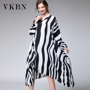 

VKBN 2020 Spring and Summer Maxi Dresses for Women Striped Long Sleeve V-Neck Irregular Plus Size Women Dress