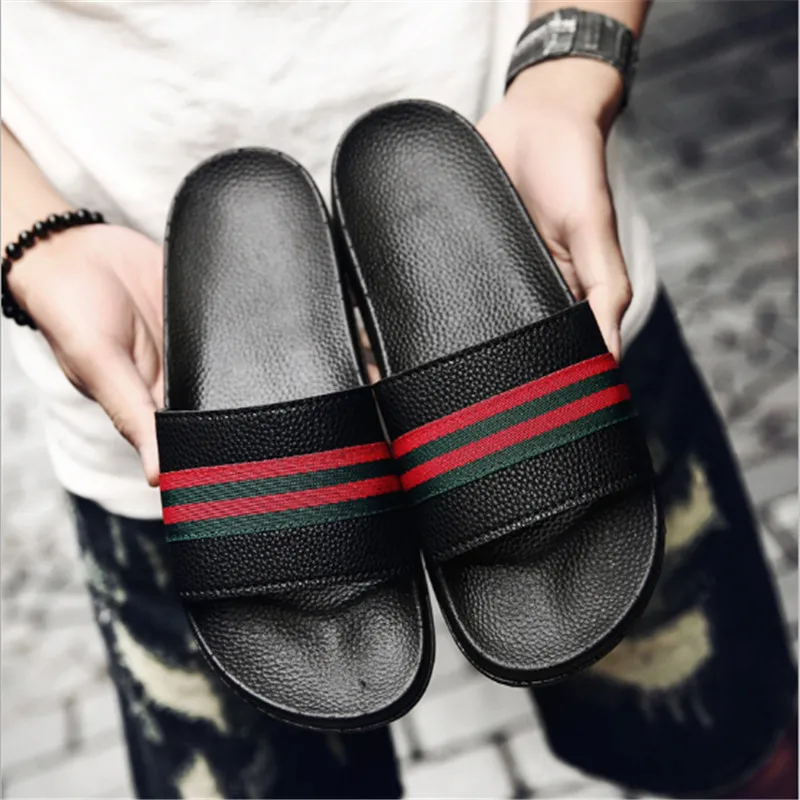 

Black PVC Men's Slippers Flat Summer Beach Sandals Open Toe Striped Flip-Flops Bathroom Slippers Outdoor Slides Large Size Shoes