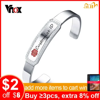 

Vnox Free Engraving Medical Alert ID Bracelets Bangles for Women Bling CZ Stones Stainless Steel Cuff Bracelet Jewelry 2.5" Dia