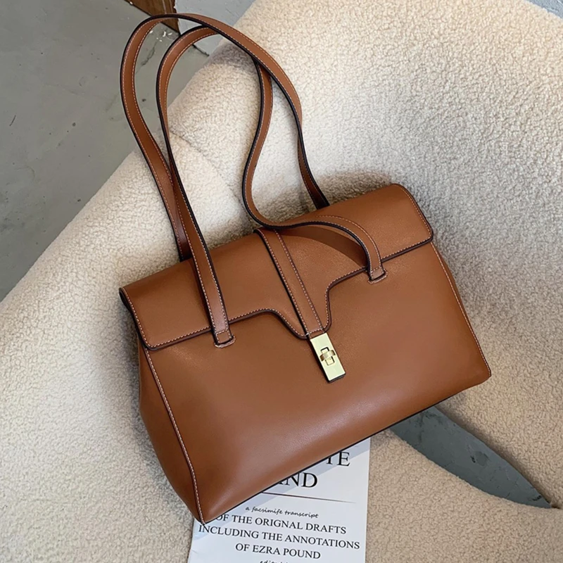 

Burminsa Vintage Big Soft Women Handbags Lock Flip Design A4 Work Female Shoulder Bags High Quality Ladies Tote Bags Autumn 2020