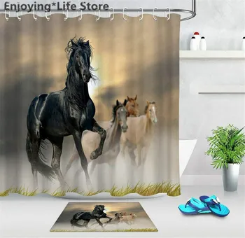 

Sunset Scenic Shower Curtain Set Running Horse Shower Curtain Bathroom Bath Mat Rugs Waterproof Fabric with Mat 12 Hooks