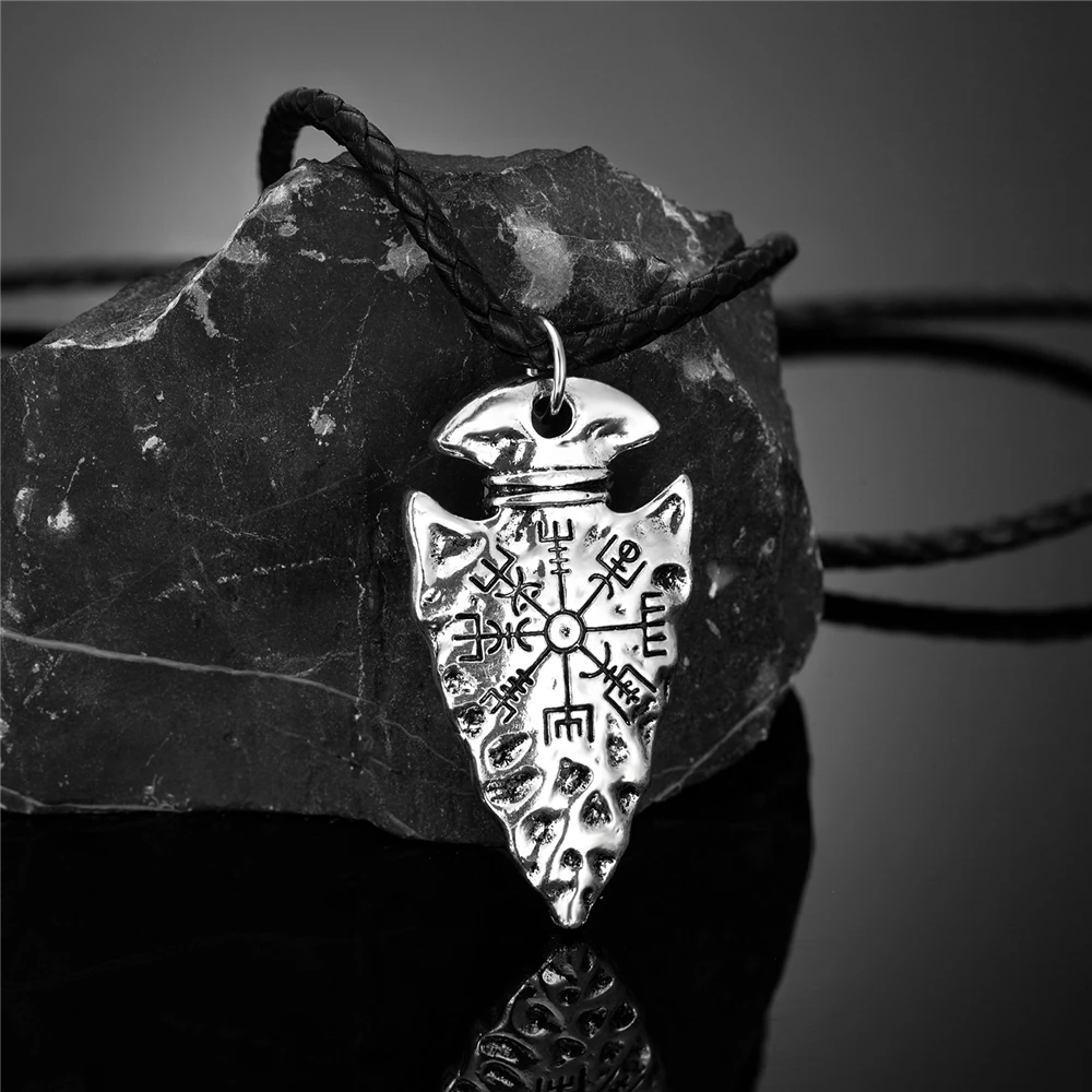 الرجال فايكنغ الرمح البوصلة القلائد نورس الرونية تميمة هيلم ععر Vegvisir قلادة الفولاذ المقاوم للصدأ/جلد طبيعي سلسلة مجوهرات