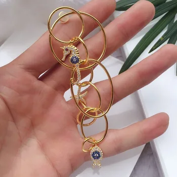 

Baoyocn Real 925 Sterling Silver Mono Yellow Gold Color Seahorse Fish Multi Hoops Circles Long Drop Earring Women Monaco Jewelry