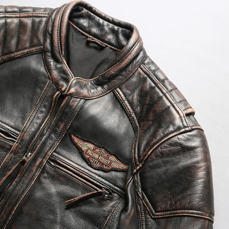 Мужская винтажная стильная мотоциклетная кожаная куртка, брендовая мужская мотоциклетная куртка из коровьей кожи, приталенная мужская куртка из натуральной кожи