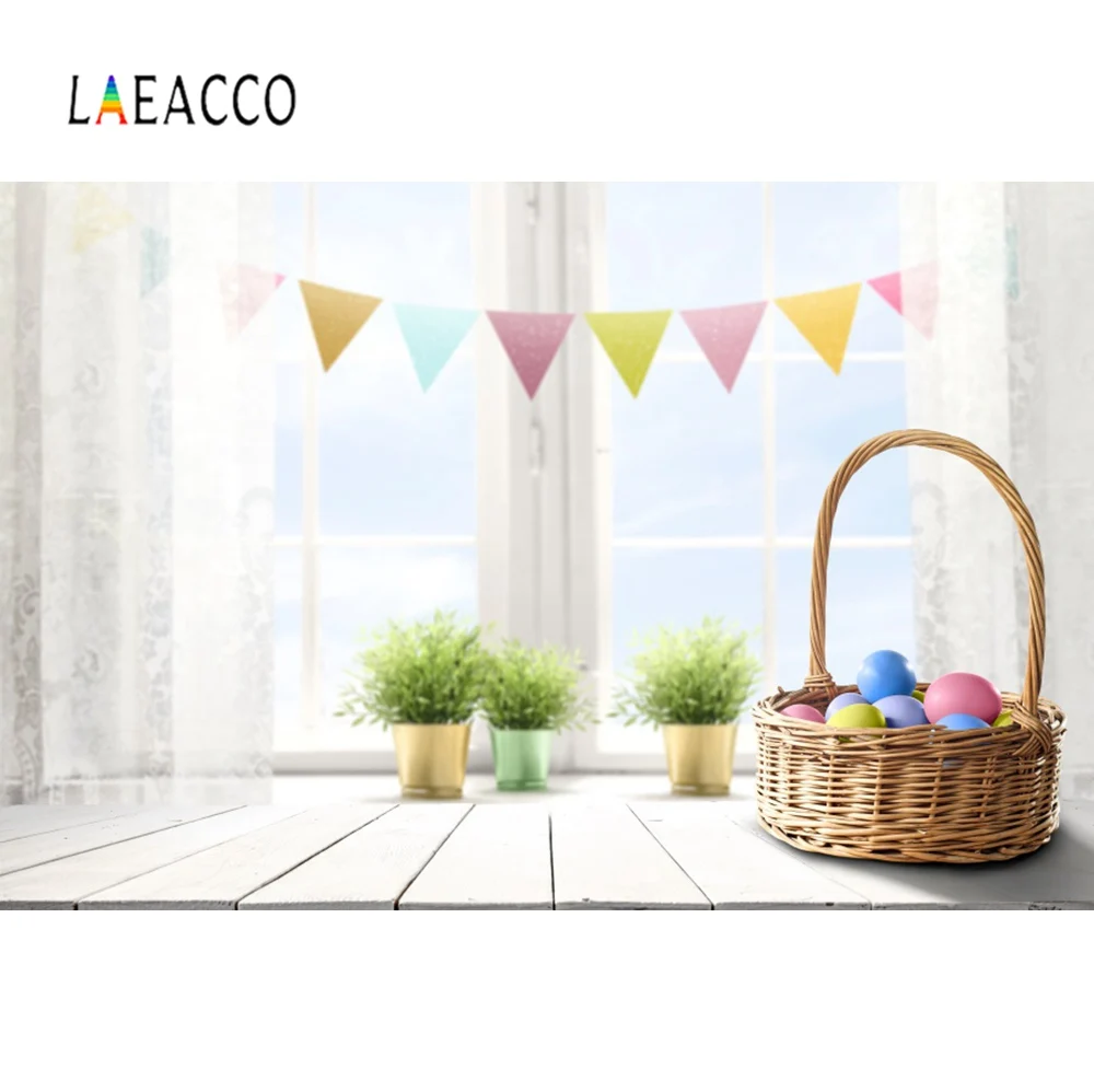 Laeacco серый фон окно занавеска корзина пасхальные яйца флаг ваза завод деревянная