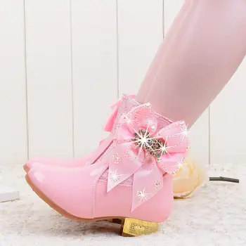 

New Girls Winter High Heel Boots for Kids Fashion Ankle Snow Boots Princess Shoes Bow-knot Plush Warm Children Dress Party Boots