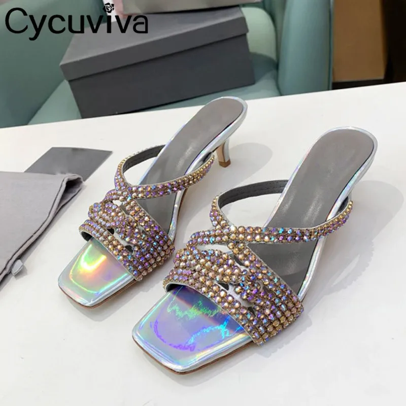 

Summer Designer Slippers Women Silver Gold Kitten High Heels Sandals Crystal Ladies Shoes Beach Mules Slides Party Shoes Woman