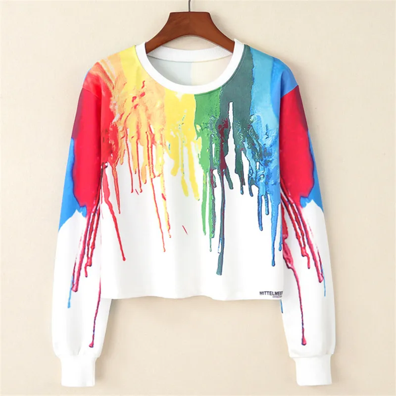 

New Women Vintage Fashion Long Sleeve Cartoon Color Oil Block Print Cropped Sweatshirt Girl Harajuku Hoodies Crop Tops