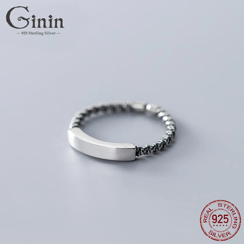 

Ginin Shiny Geometry Rectangle 925 Sterling Silver Ring For Male Female Thai Silver Vintage Twisted Open Finger Party Jewelry