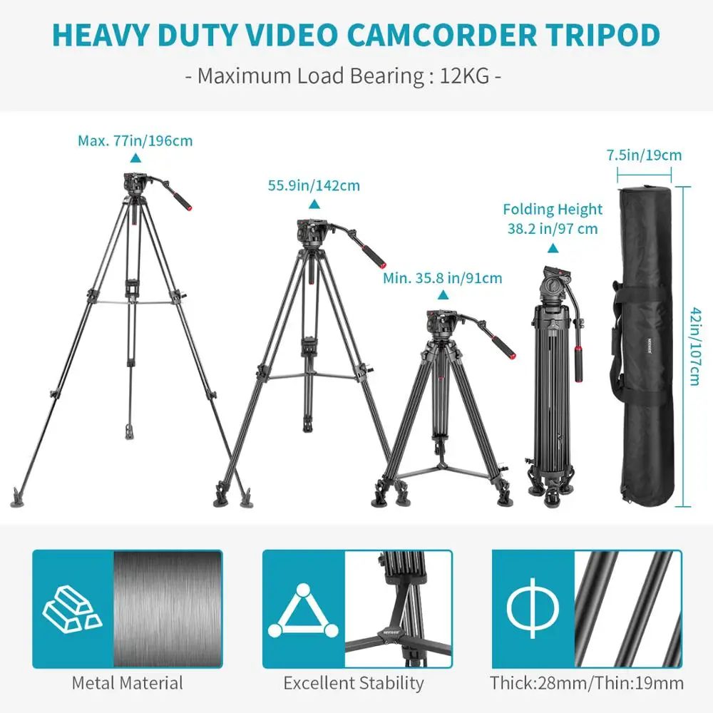 US $103.23 Neewer Professional Heavy Duty Video Tripod 77 Inches Aluminum Alloy360 Degree Fluid Drag Headquick Shoe PlateBubble Level
