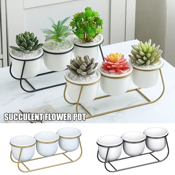 

Combination Flower Pot Iron Frame with 3pcs Ceramic Mini Flower Pots Succulent Planter Pots Set for Desktop Gardening in stock