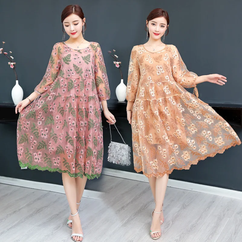 

Retro Loose-Fit Industrial Embroidery Flower Dress Women's Spring And Autumn Mid-length Spring Clothing 2019 New Style